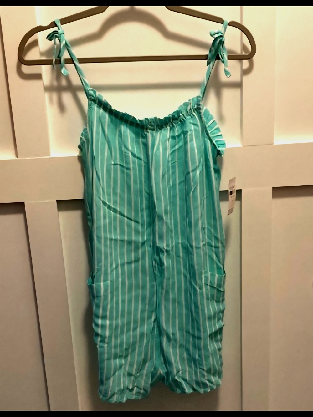 Justice pale green and white striped tie-shoulder Romper Cover up 14/16